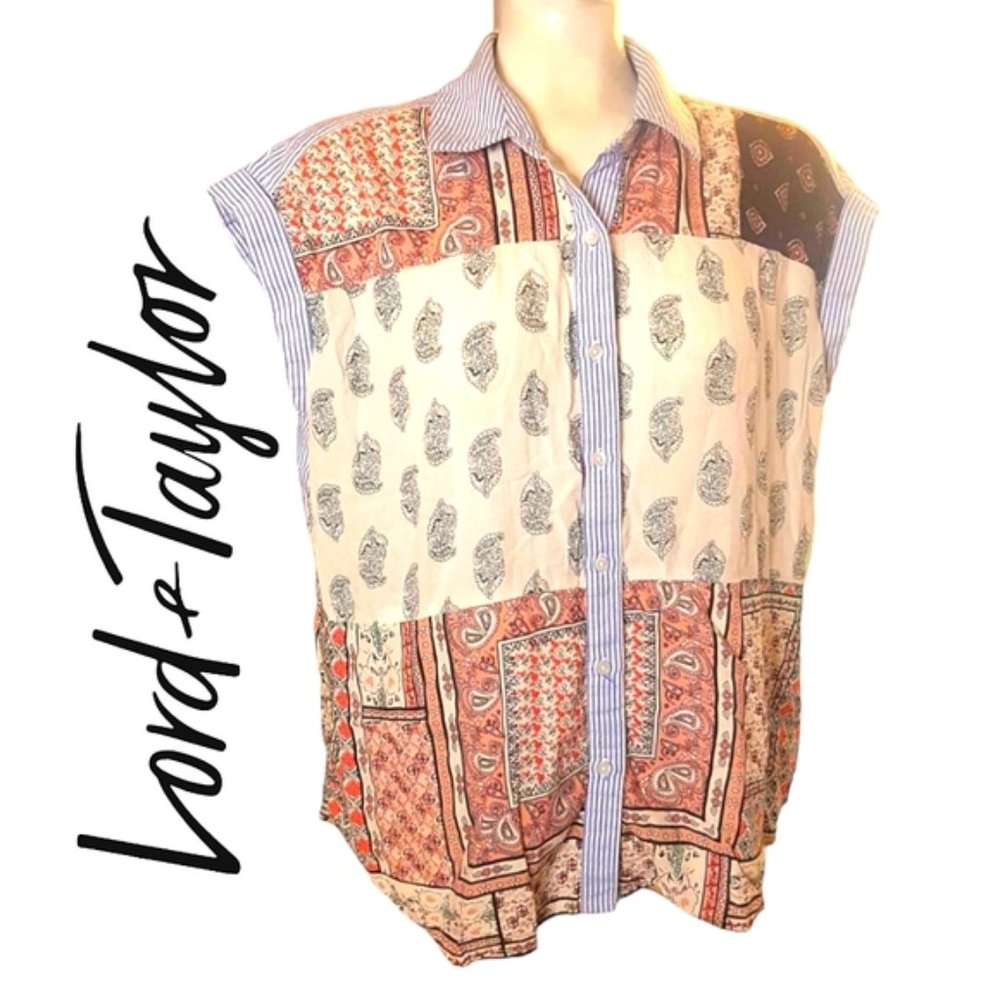 Lord & Taylor patchwork square sleeve button up stripe top Size large